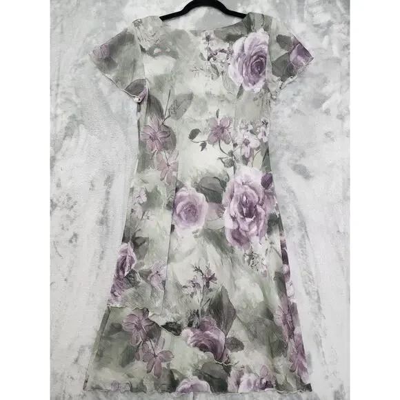 Vintage 90s SL Fashions Floral Asymmetric Chiffon Overlay V-Neck Dress 8 Green - Picture 2 of 10